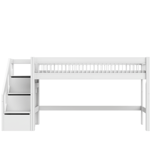 LIFETIME Kidsrooms halvhøj seng med trappe 128 cm – Breeze – 90x200 cm – hvid