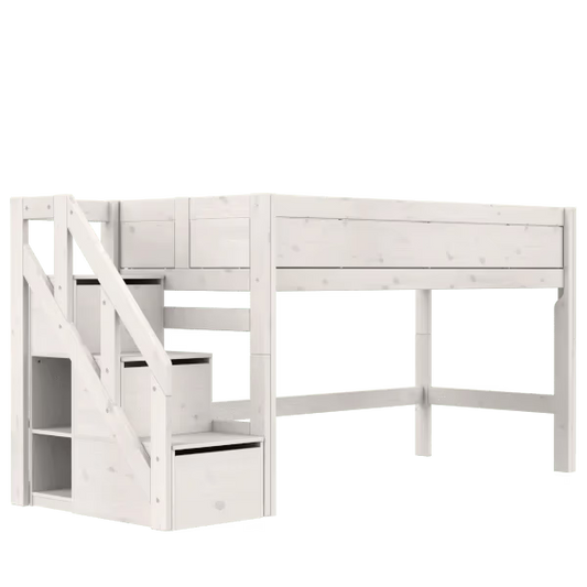 LIFETIME Kidsrooms halvhøj seng med trappe 128 cm 90x200 – hvidpigmenteret