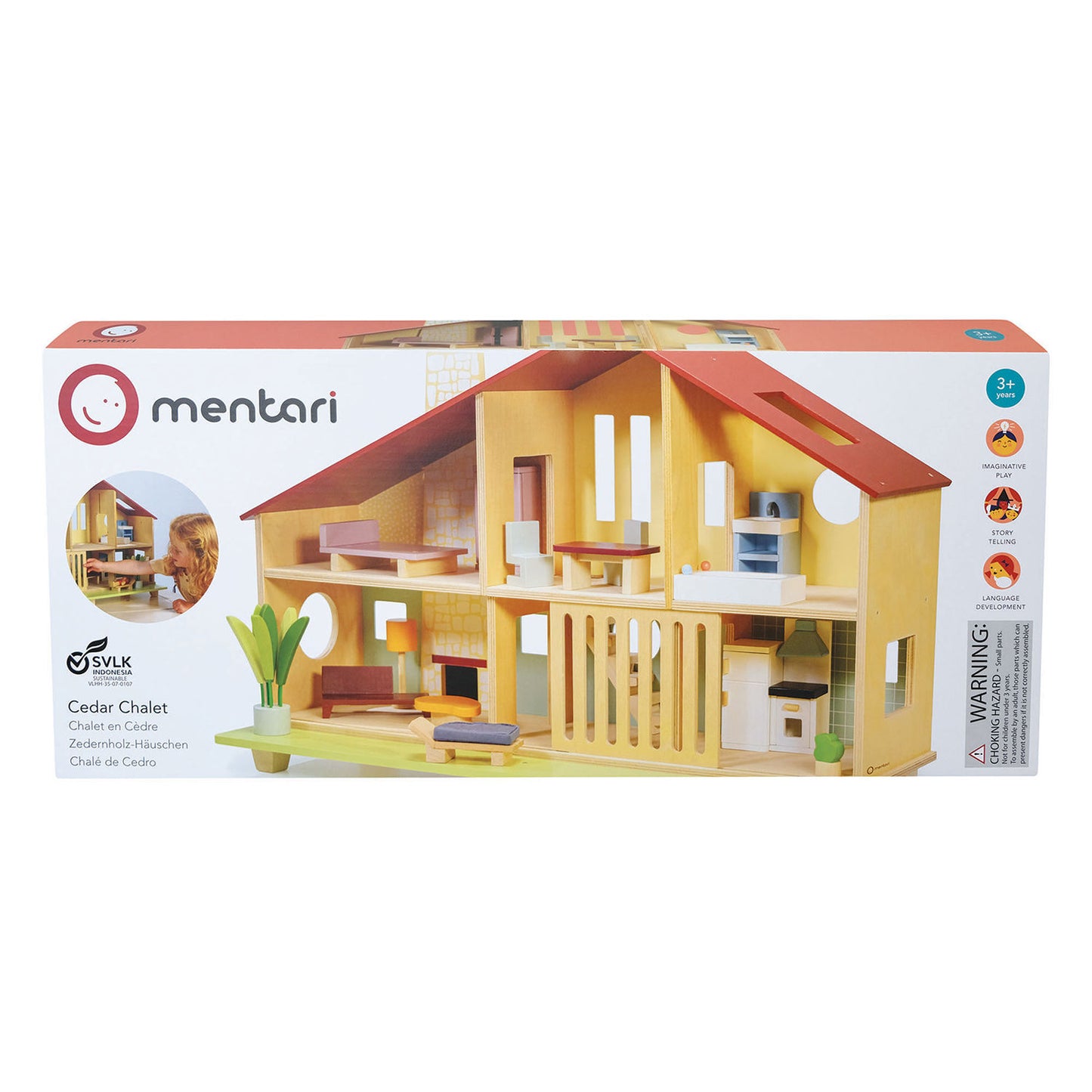 Mentari Cedar Chalet dukkehus i træ med møbler