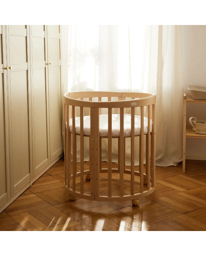 Waldin 7-i-1 oval tremmeseng med madras – naturtræ