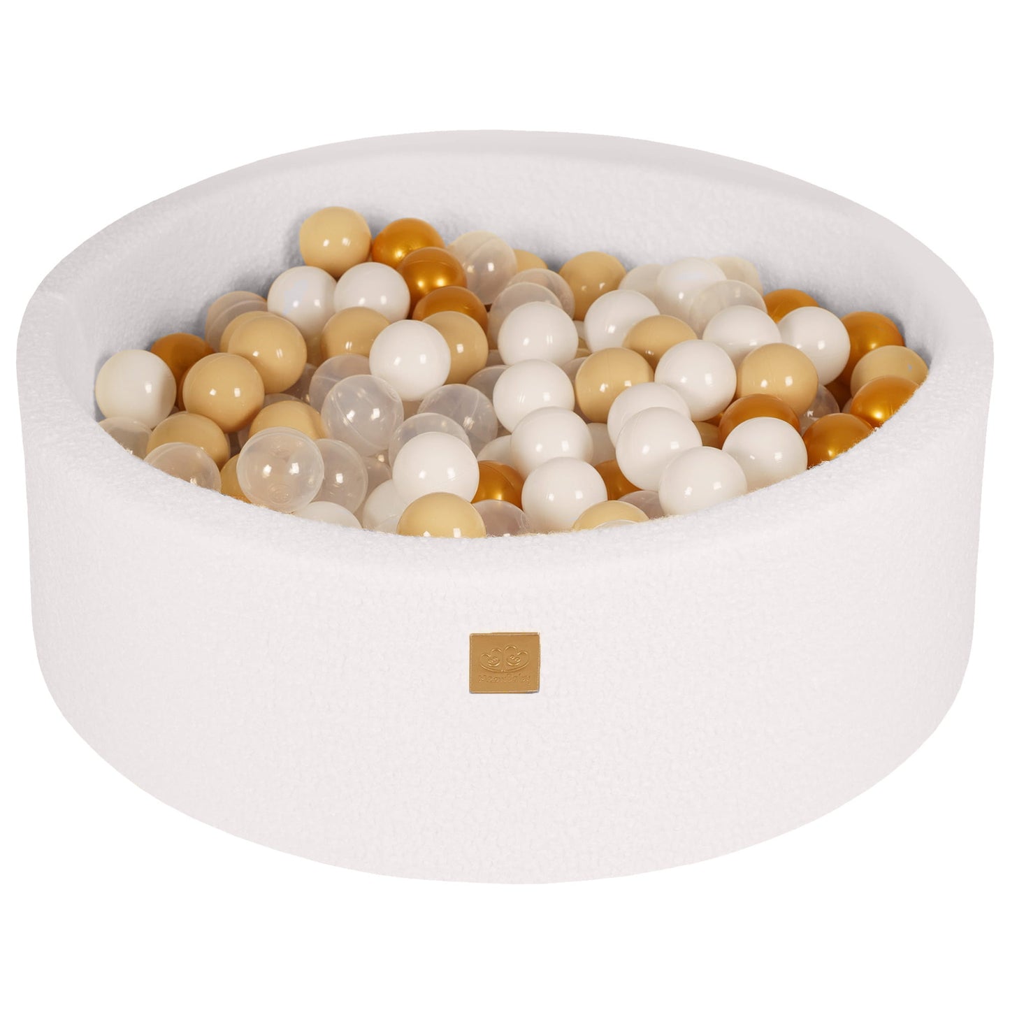 Meowbaby boldbassin – Hvid bouclé (Ø 90 × 30 cm, 200 guld/beige/hvide/gennemsigtige bolde)