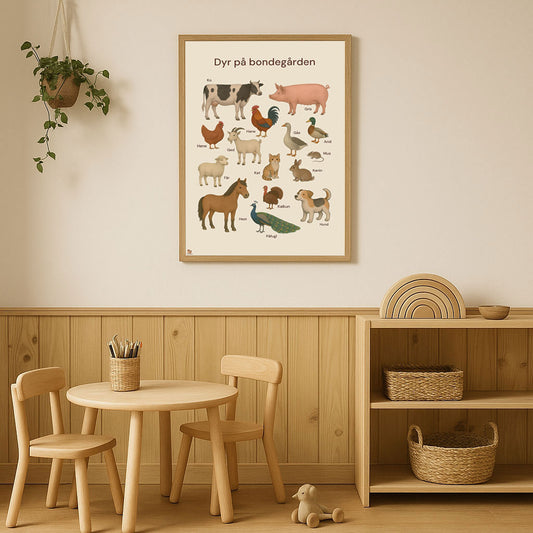 Dyr på bondegården – plakat i håndtegnet stil (35x50 cm)