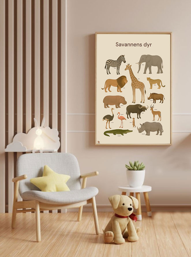 Savannens dyr – Plakat med 14 vilde dyrevenner (35x50 / 50x70 cm)
