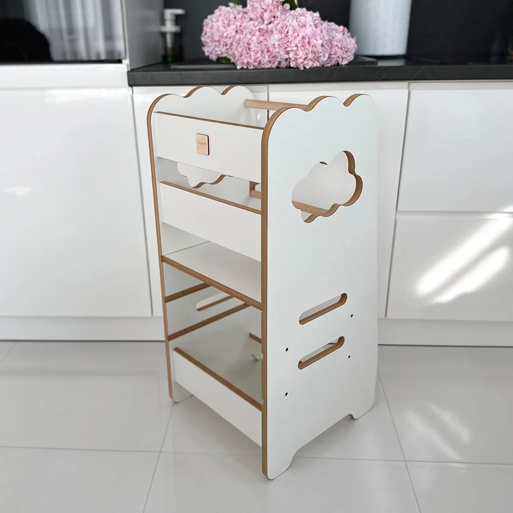 Plush Nest læringstårn i træ – 2 trin, hvid sky