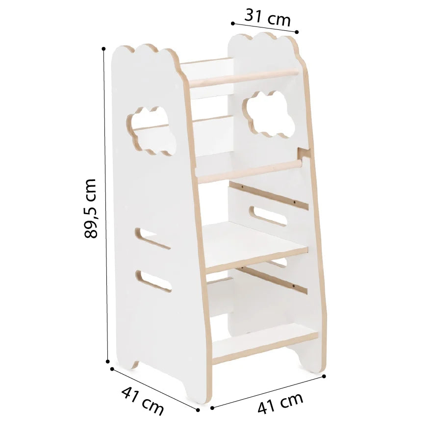 Plush Nest læringstårn i træ – 2 trin, hvid sky