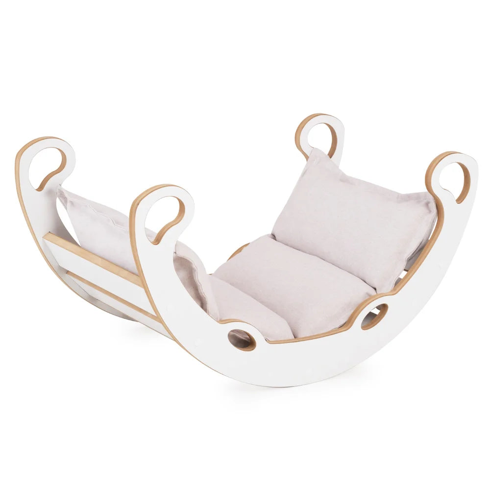 Plush Nest klatrebue XS Mini Rocker 2-i-1 med pude, lys beige/hvid – Wooden Play