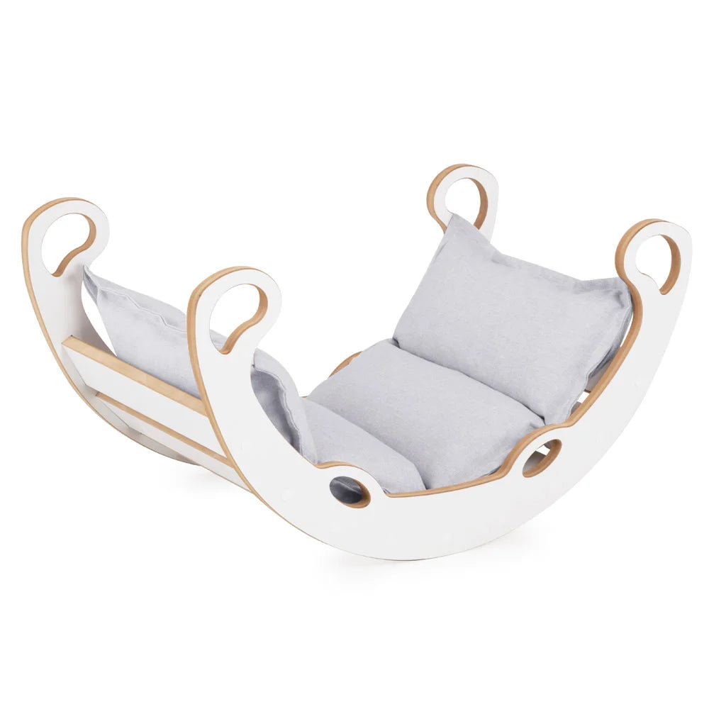 Plush Nest klatrebue XS Mini Rocker 2-i-1 med pude, lys grå/hvid – Wooden Play