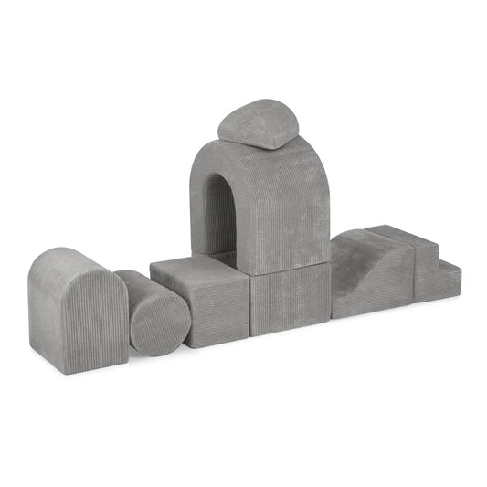 Plush Nest stort tumlesæt i skum med stort boldbassin – grå fløjl, inkl. 150 bolde (perlemor, sølv)