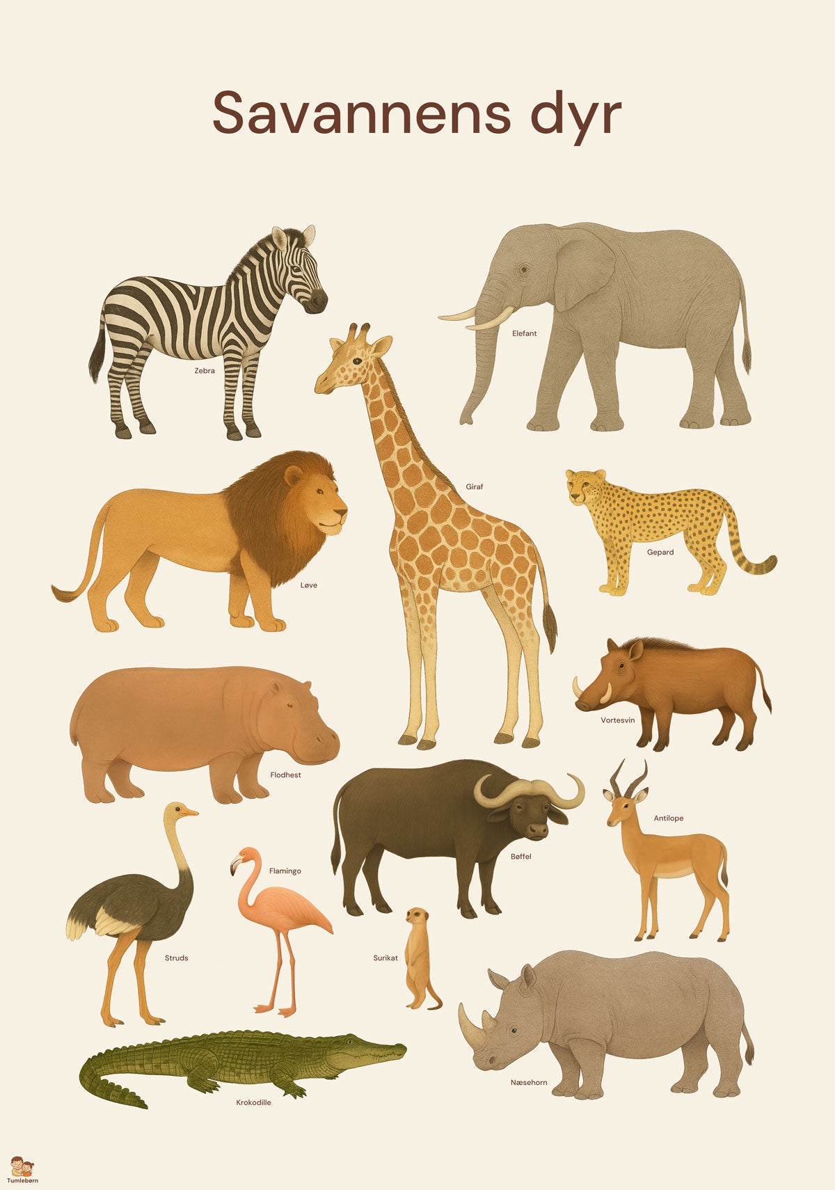 Savannens dyr – Plakat med 14 vilde dyrevenner (35x50 cm)