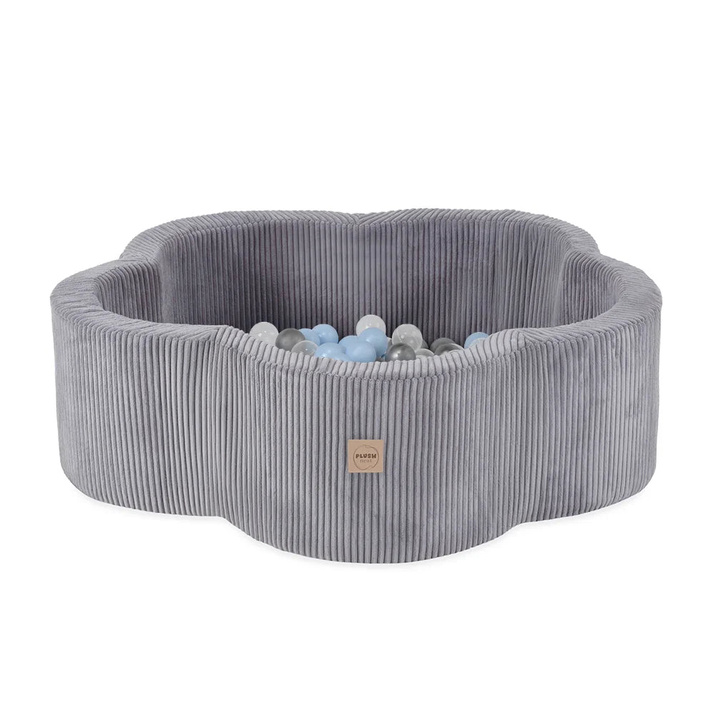 Plush Nest blomsterformet boldbassin – Floral Fun Zone, grå fløjl, 95×30 cm, inkl. 200 bolde