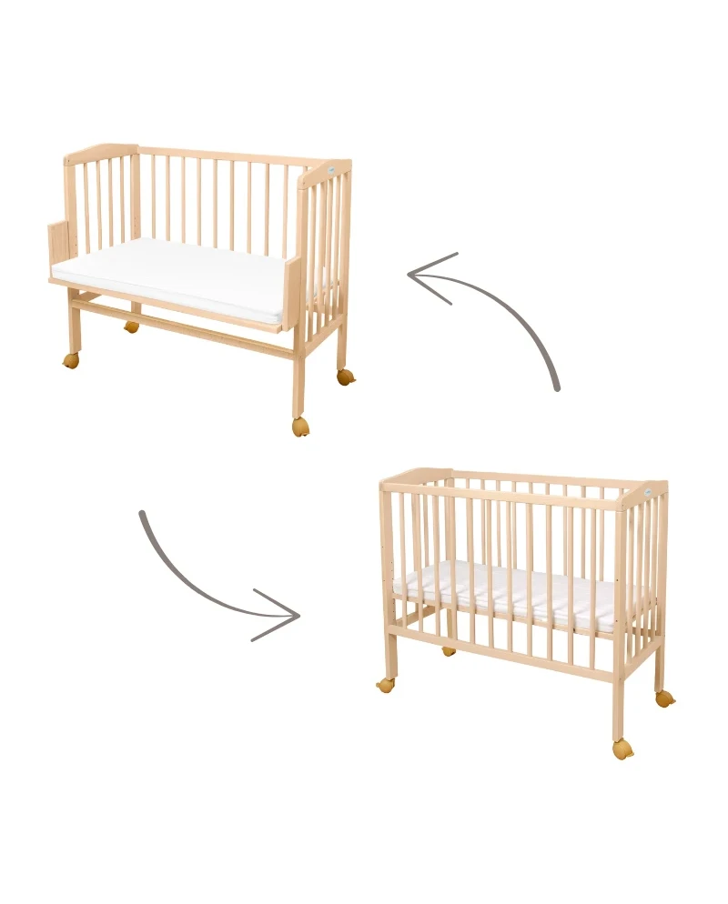 Waldin bedside crib 2-i-1 med madras – naturtræ