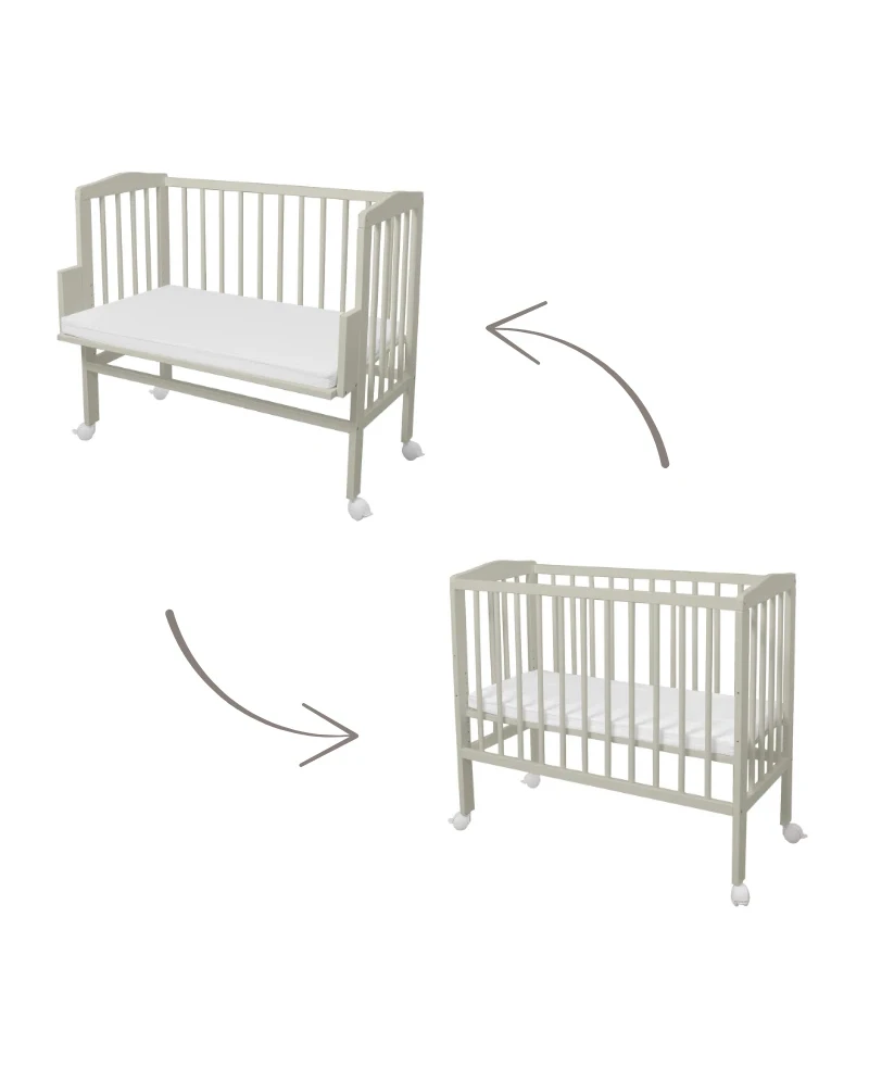 Waldin bedside crib 2-i-1 med madras – olivengrøn