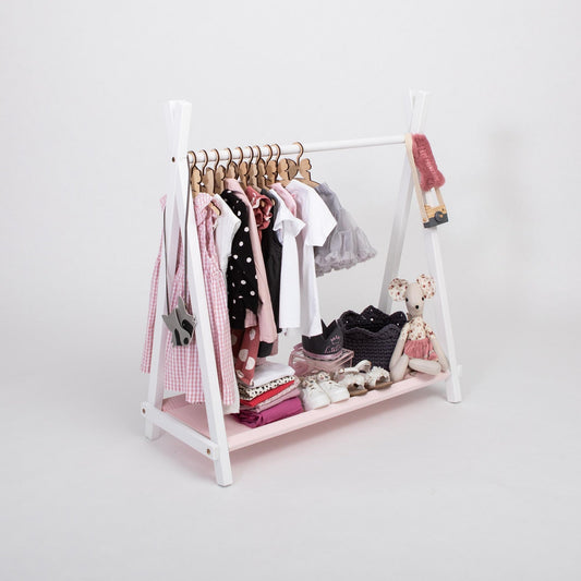 Sweet Home From Wood tøjstativ til børn i tipi-design med stofhylde – hvid og pink