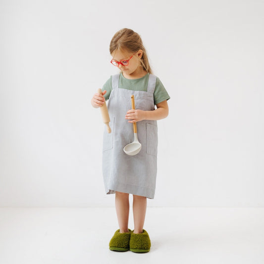 Linen Pinafore Apron for Kids - Light Grey