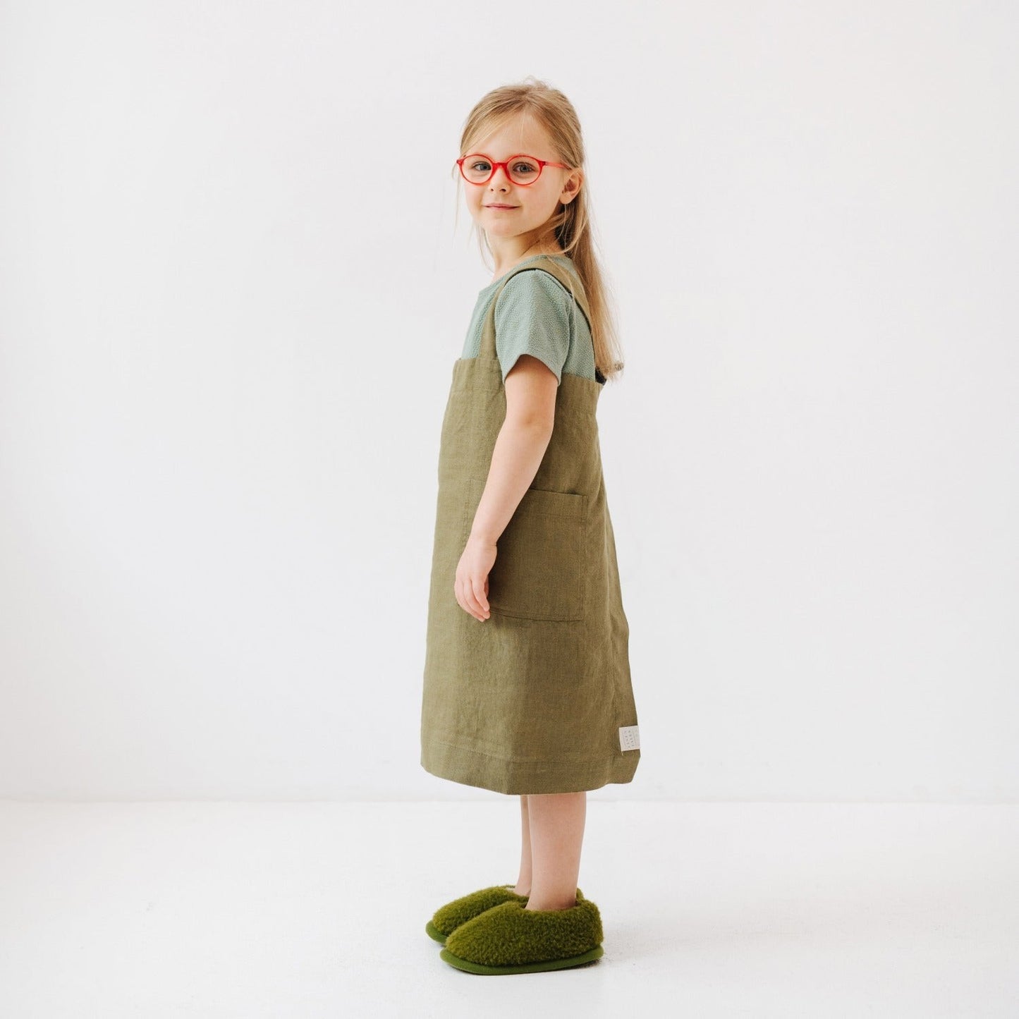 Linen Pinafore Apron for Kids - Olive