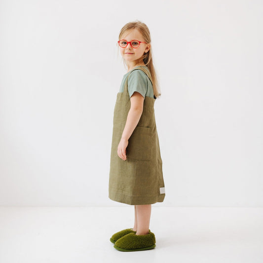 Linen Pinafore Apron for Kids - Olive