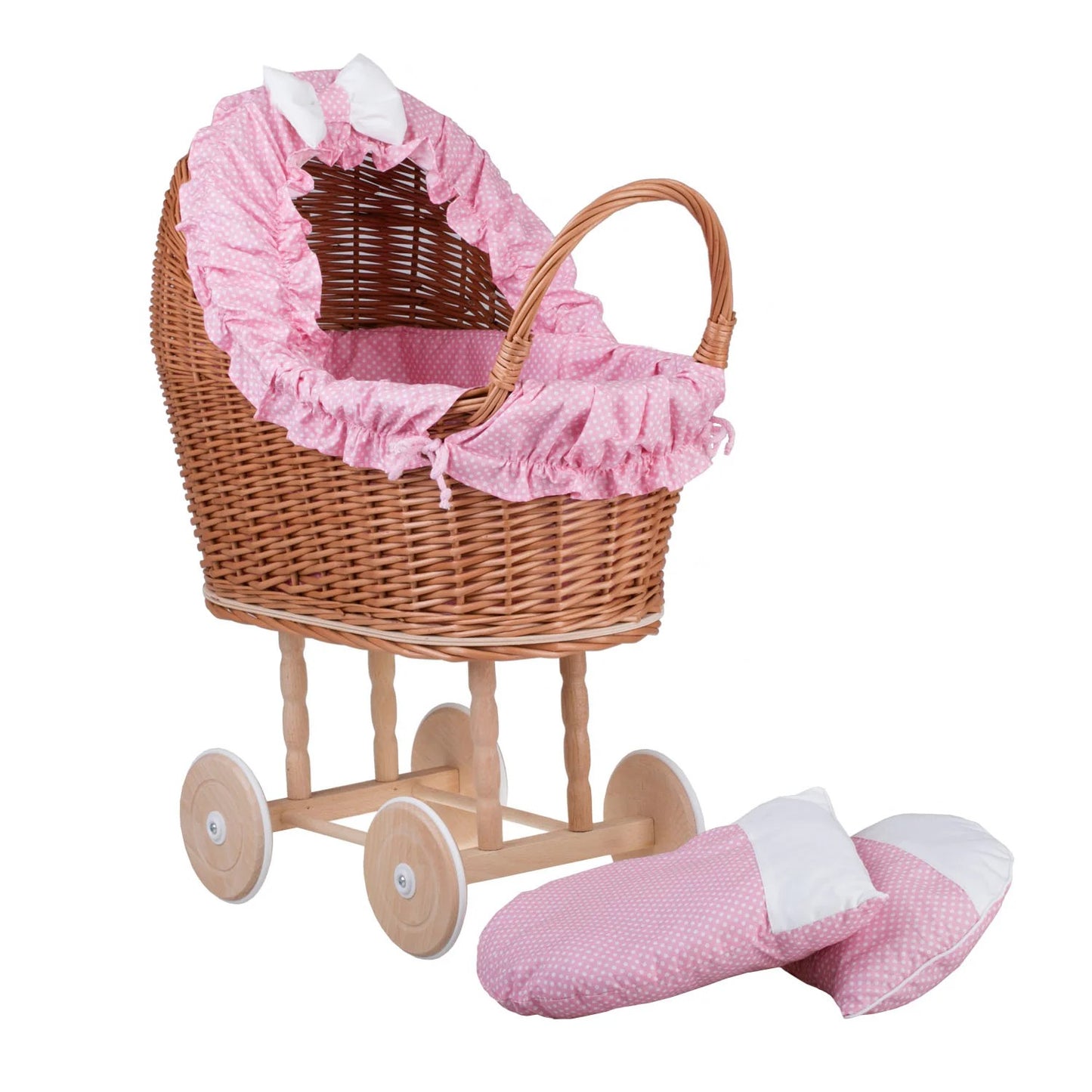 Lulu wicker doll stroller with pink trim, blanket, and pillow