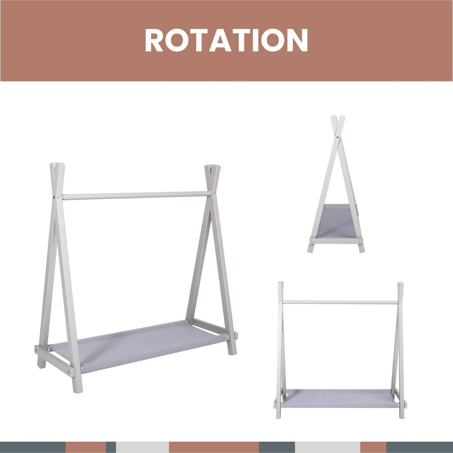 Sweet Home From Wood tøjstativ til børn i tipi-design med stofhylde – grå og ubehandlet birk