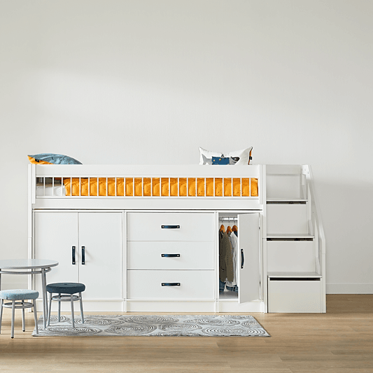 LIFETIME Kidsrooms halvhøj seng inkl. opbevaring 128 cm - 90x200 cm – Breeze – hvid