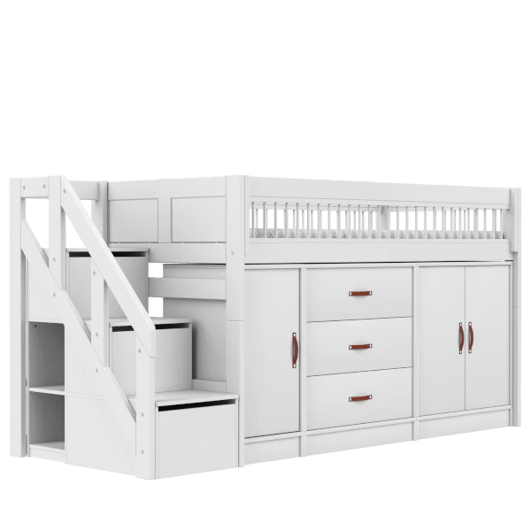LIFETIME Kidsrooms halvhøj seng inkl. opbevaring 128 cm - 90x200 cm – Breeze – hvid
