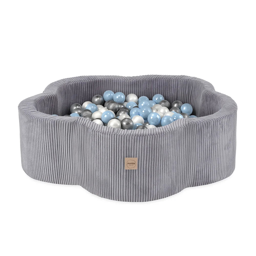 Plush Nest Blomsterformet Boldbassin med 300 bolde – Grå Premium Bred Fløjl, 95x30 cm