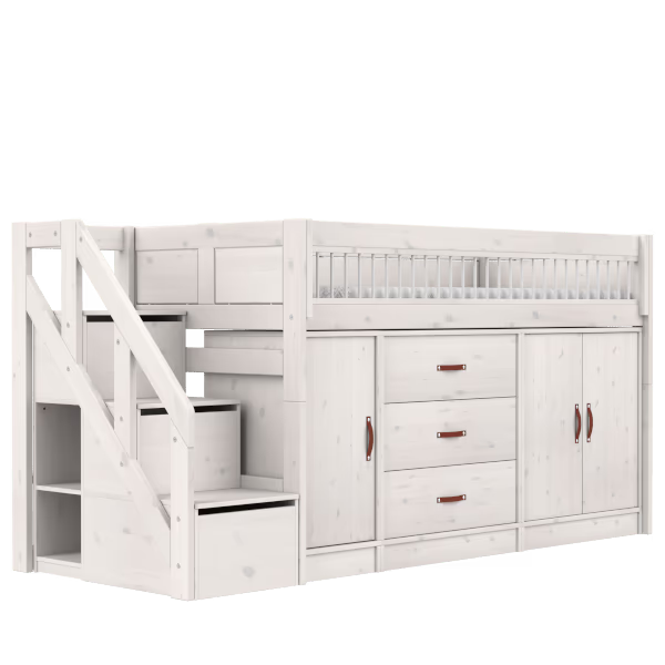 LIFETIME Kidsrooms halvhøj seng 128 cm inkl. opbevaring 90x200 cm – hvidpigmenteret
