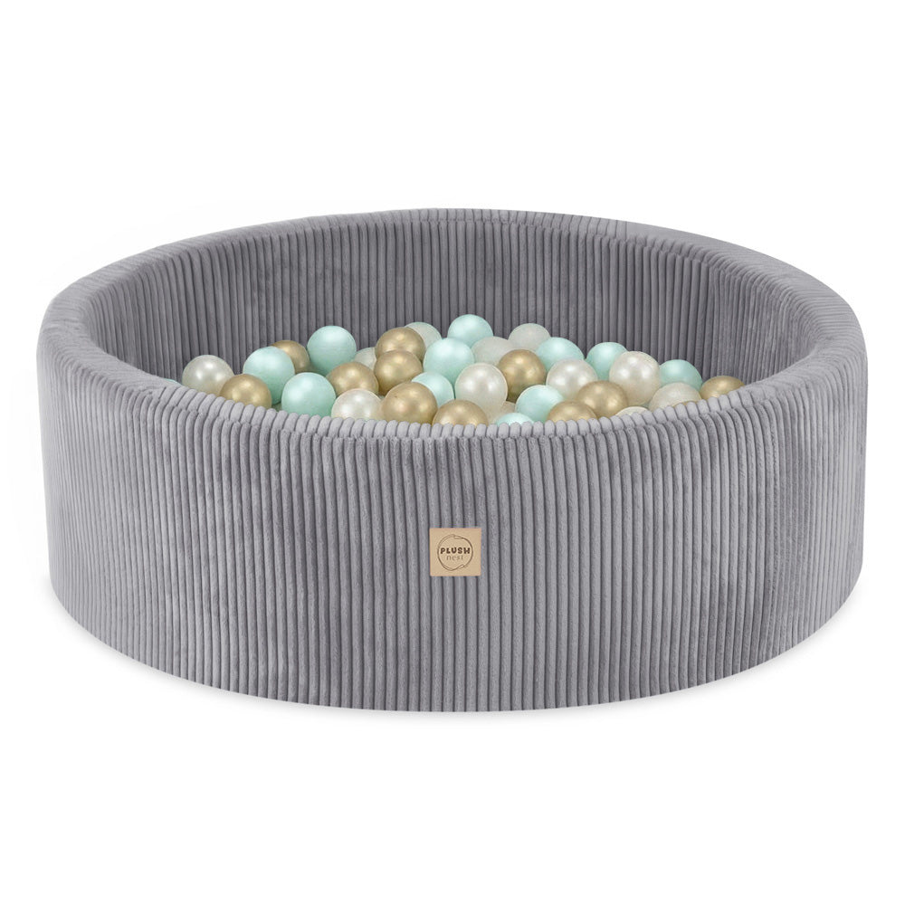 Plush Nest boldbassin med 200 bolde (mint-guld) i premium fløjl – grå – 90x30 cm