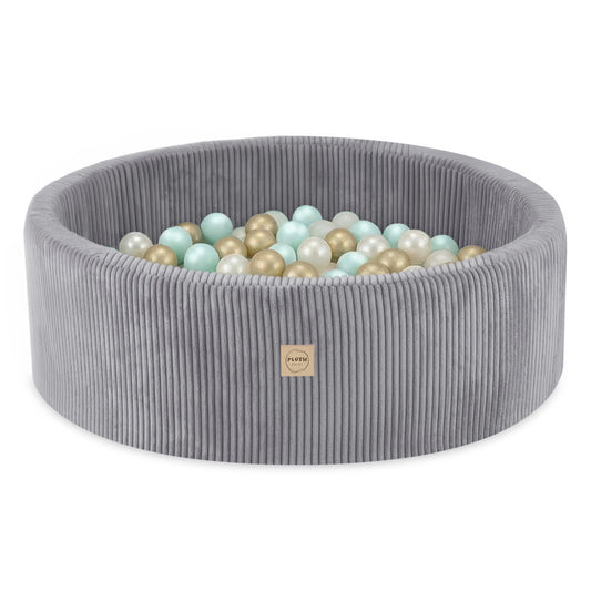 Plush Nest boldbassin med 200 bolde (mint-guld) i premium fløjl – grå – 90x30 cm