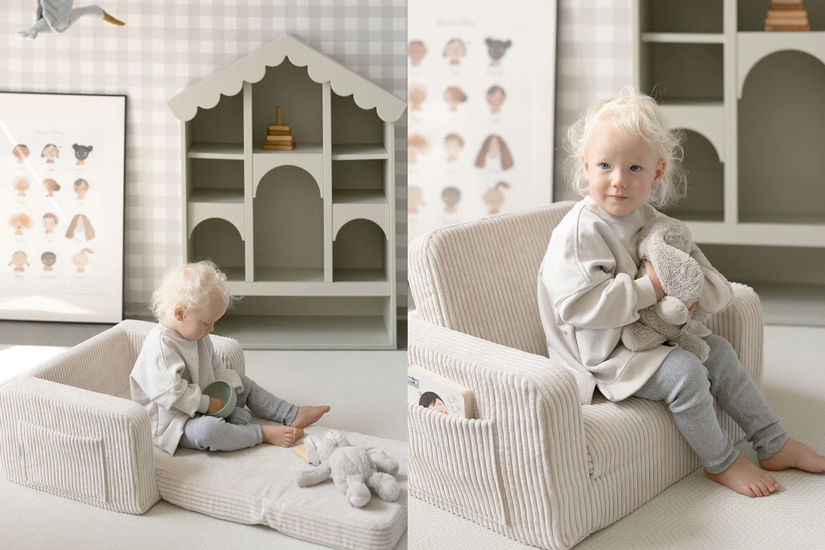 Shappy Lumi lænestol i fløjl – 2-i-1 børnestol og liggemåtte - Vanilla