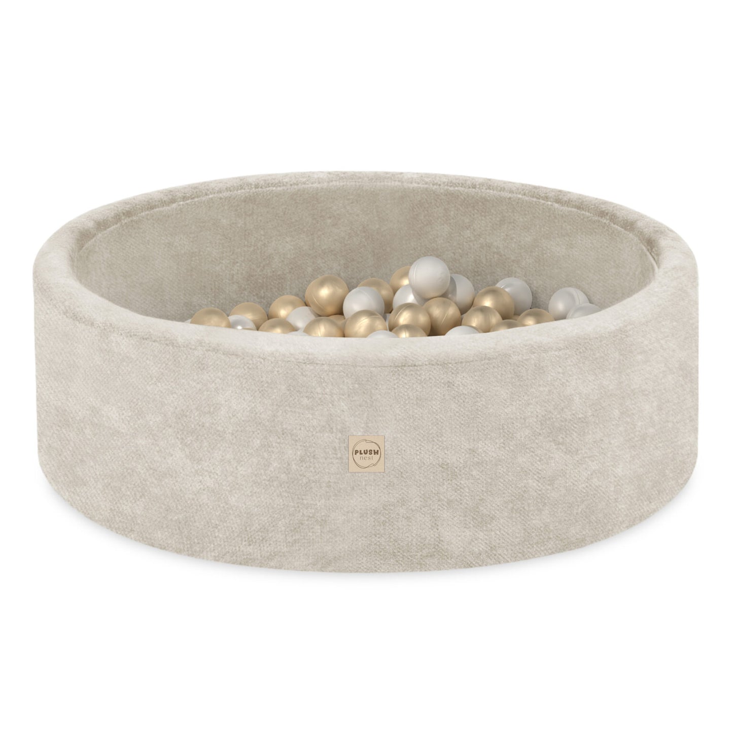 Plush Nest boldbassin med 200 bolde i premium chenille – beige – 90x30 cm