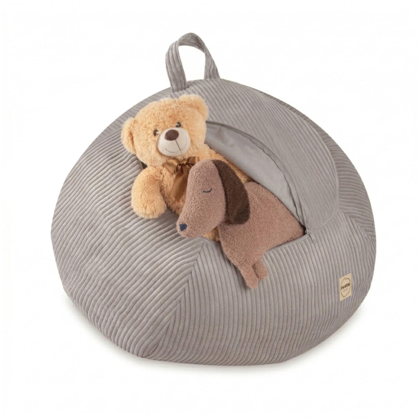 Plush Nest opbevaringspuf til bamser og legetøj i premium fløjl – beige