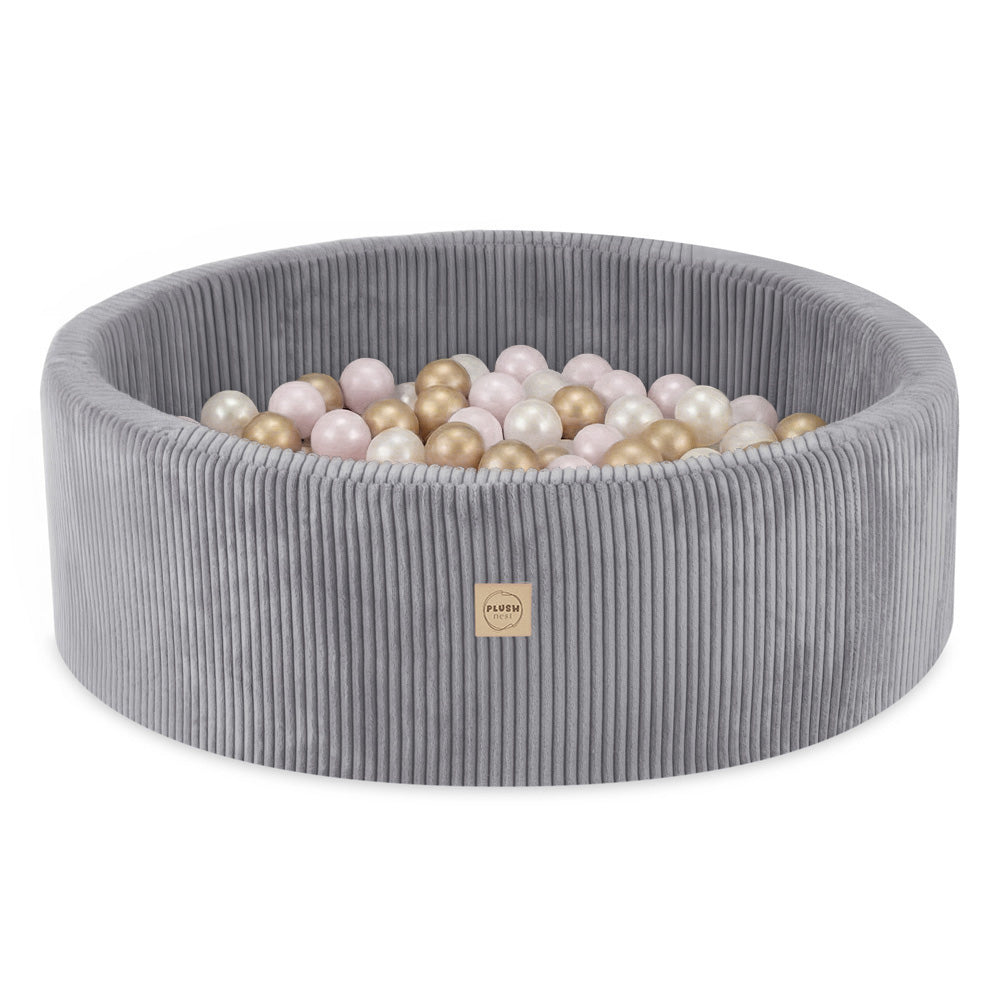 Plush Nest boldbassin med 200 bolde (pink-guld) i premium fløjl – grå – 90x30 cm