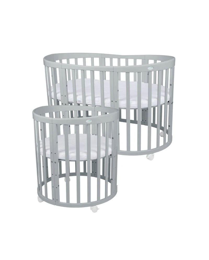 Waldin 7-i-1 oval tremmeseng med madras – grå
