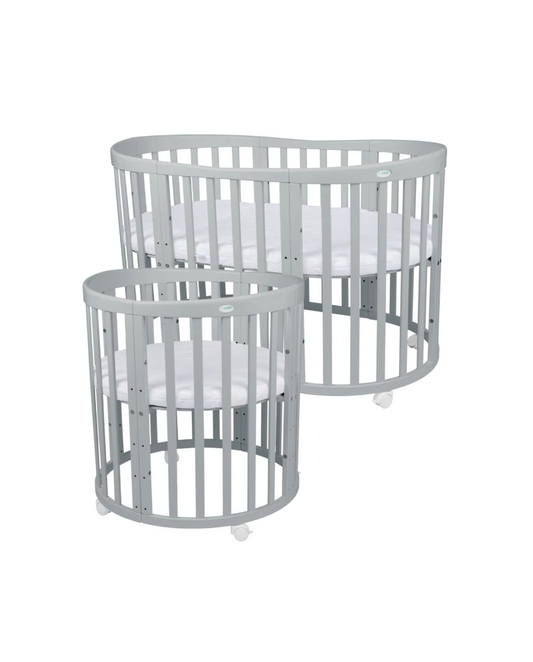 Waldin 7-i-1 oval tremmeseng med madras – grå