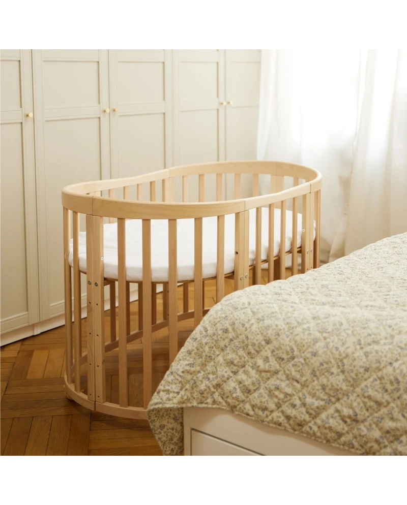 Waldin 7-i-1 oval tremmeseng med madras – naturtræ