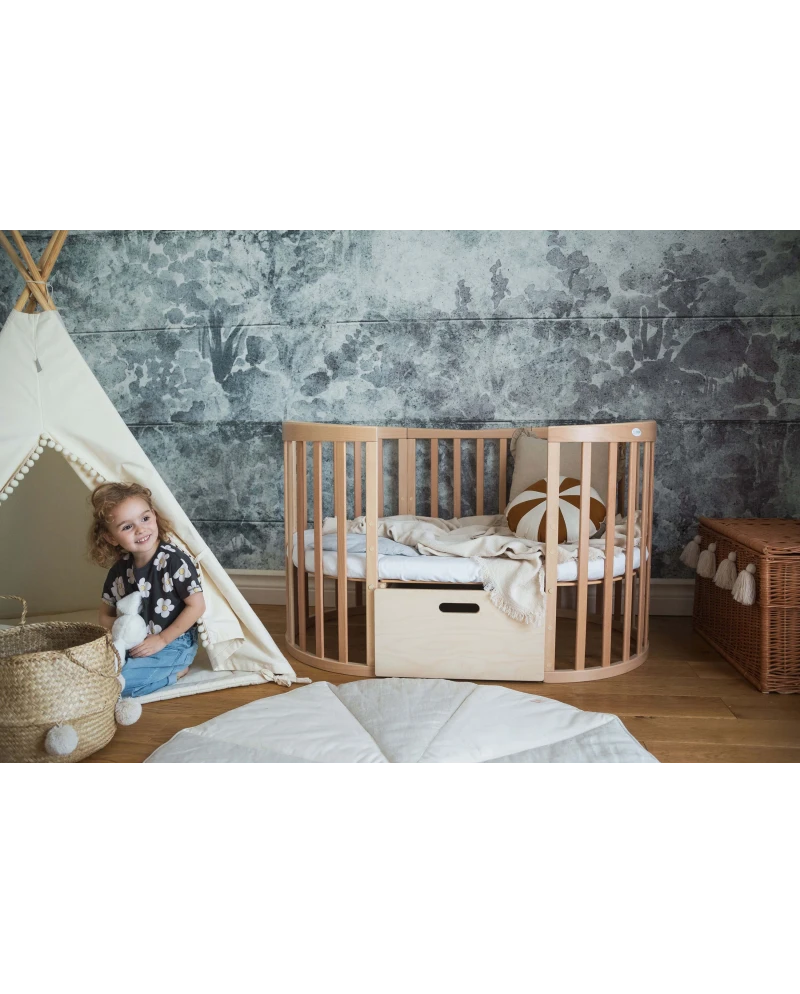 Waldin 7-i-1 oval tremmeseng med madras – naturtræ