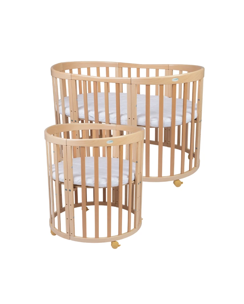 Waldin 7-i-1 oval tremmeseng med madras – naturtræ