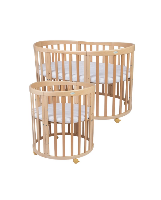 Waldin 7-i-1 oval tremmeseng med madras – naturtræ