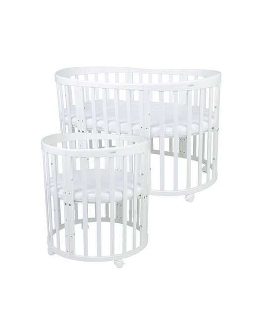 Waldin 7-i-1 oval tremmeseng med madras – hvid