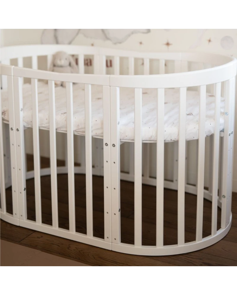 Waldin 7-i-1 oval tremmeseng med madras – hvid