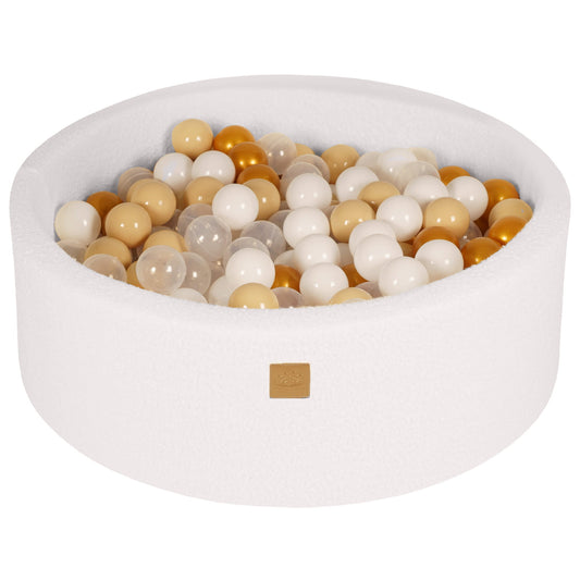 Meowbaby boldbassin – Hvid bouclé (Ø 90 × 30 cm, 200 guld/beige/hvide/gennemsigtige bolde)