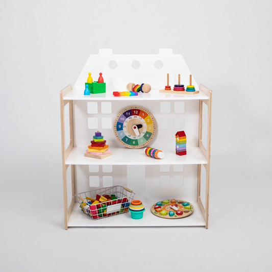 Sweet Home From Wood 2-i-1 dukkehus og Montessori reol – hvid