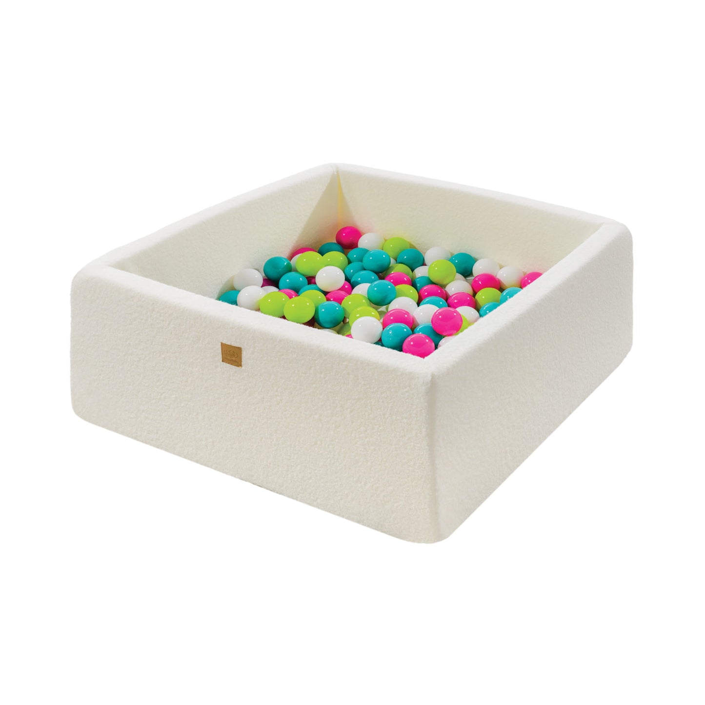 Meowbaby Kvadratisk boldbassin - Hvid Bouclé (110 × 110 × 40 cm, 400 grønne/blå/hvide/pink bolde)