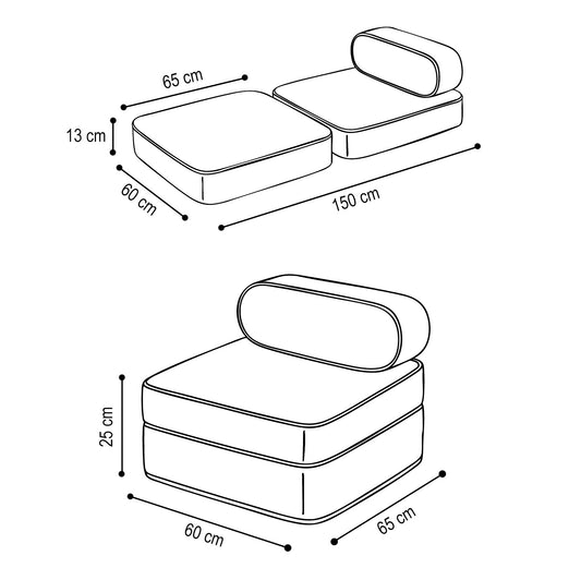 Plush Nest mini-legesofa med liggefunktion, 150x60x25 cm, beige fløjl