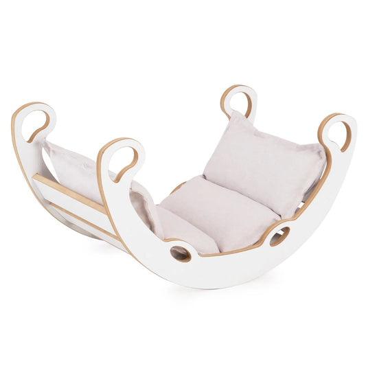 Plush Nest klatrebue XS Mini Rocker 2-i-1 med pude, lys beige/hvid – Wooden Play