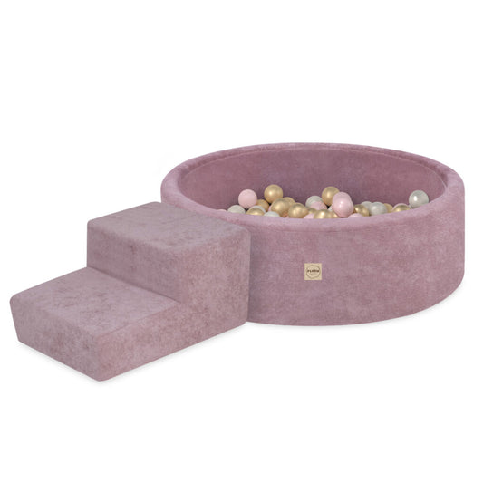 Plush Nest tumlesæt med boldbassin, skumtrappe og 200 bolde – premium chenille – Rosa