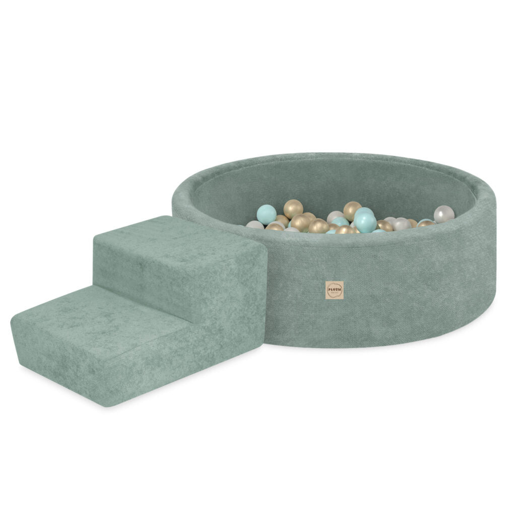 Plush Nest tumlesæt med boldbassin, skumtrappe og 200 bolde – premium chenille – Grøn