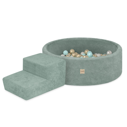 Plush Nest tumlesæt med boldbassin, skumtrappe og 200 bolde – premium chenille – Grøn