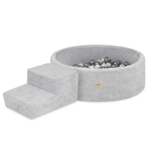 Plush Nest tumlesæt med boldbassin, skumtrappe og 200 bolde – premium chenille – Grå