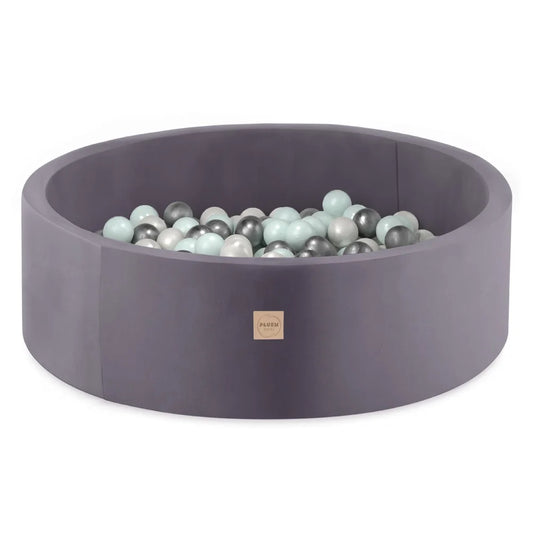 Plush Nest Boldbassin med 200 bolde – Grå Velour, 90x30 cm, Mint/Sølv/Hvid